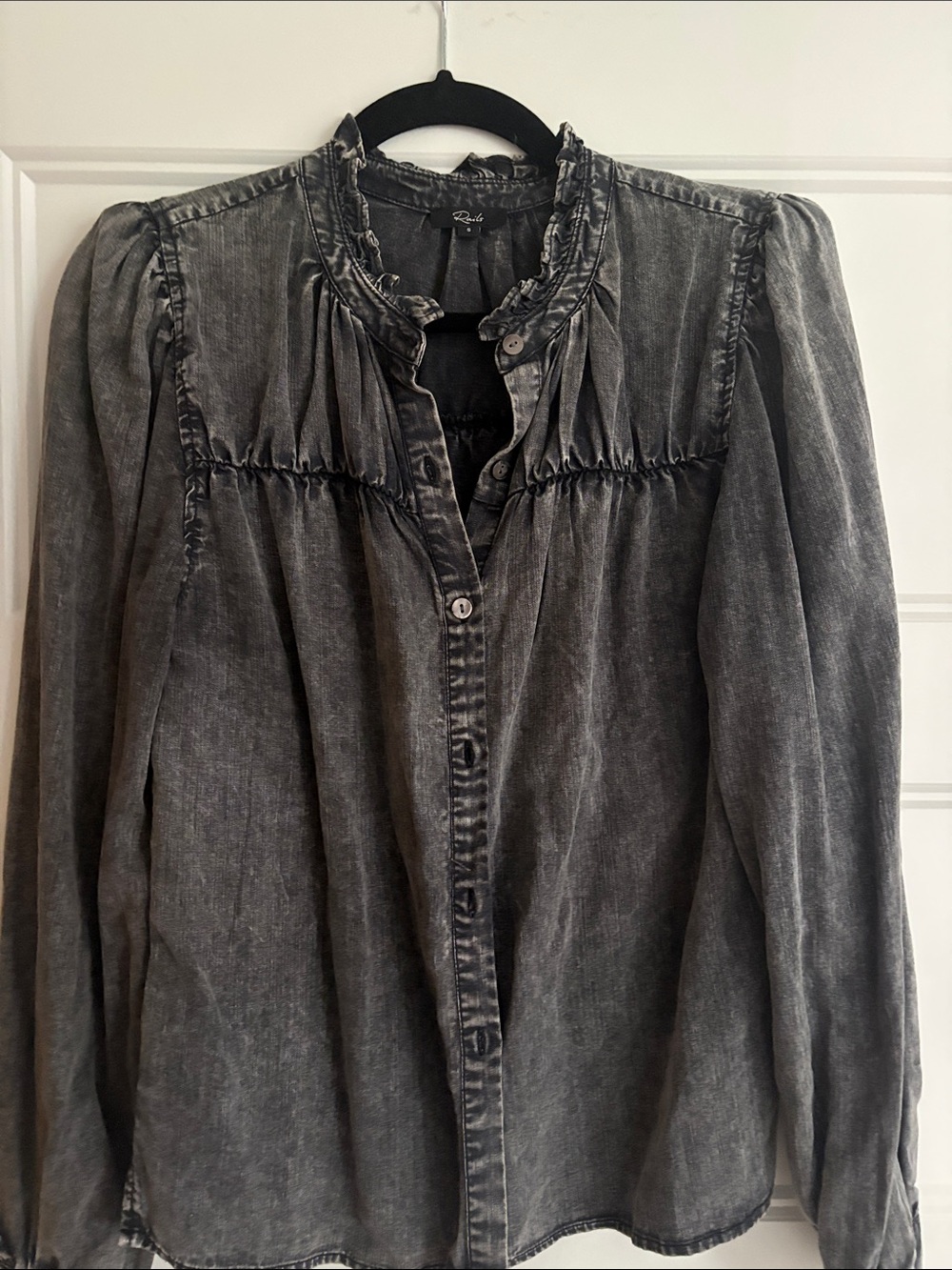 Rails Washed Black Button-Down Ruffle Yoke Blouse